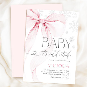 Invitation Bébé au Nœud Rose Bébé C'est L'Hiver Dehors Fille