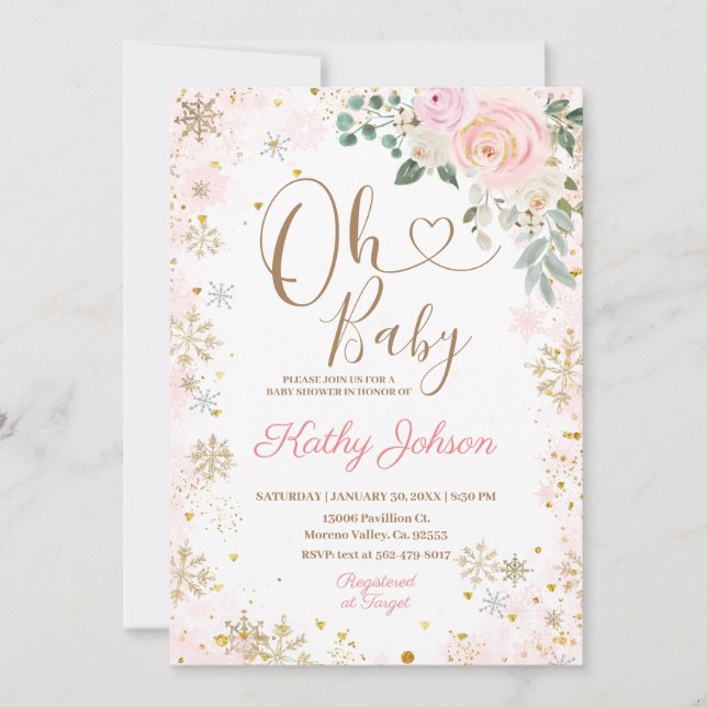 Invitation Bébé Baby shower floral rose Flocon de neige (Devant)