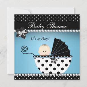Invitation Bébé Baby shower mignonne Garçon bleu Pram noir
