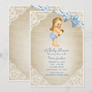 Invitation Bébé blanc Ours et Baby shower Bleu Bow Burlap