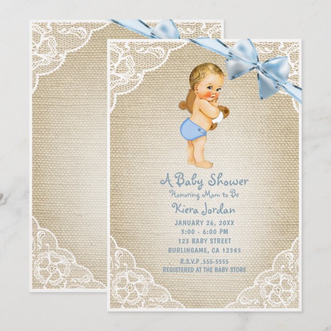 Invitation Bébé blanc Ours et Baby shower Bleu Bow Burlap (Devant / Derrière)