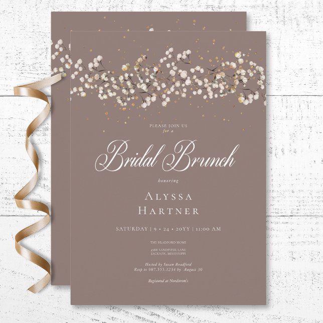 Invitation Bébé blanc rustique haleine Brunch nuptial Brown (Rustic White Baby's Breath Brown Bridal Brunch Invitation)