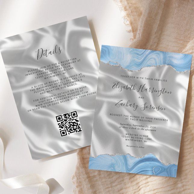 Invitation Bébé Bleu Argent Agate Blanc Soie QR Code Mariage (Créateur téléchargé)