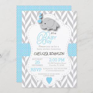 Invitation Bébé bleu, blanc gris éléphant 🐘 Baby shower