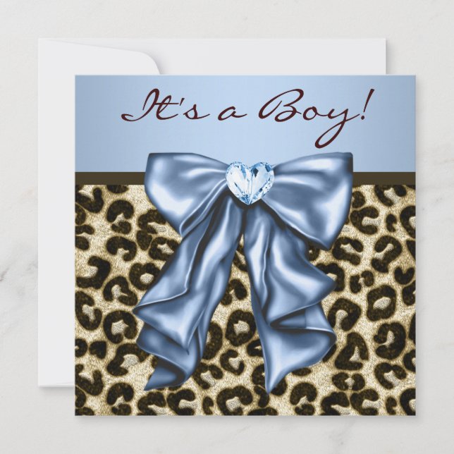 Invitation Bébé Bleu Brown léopard bébé garçon douche (Devant)