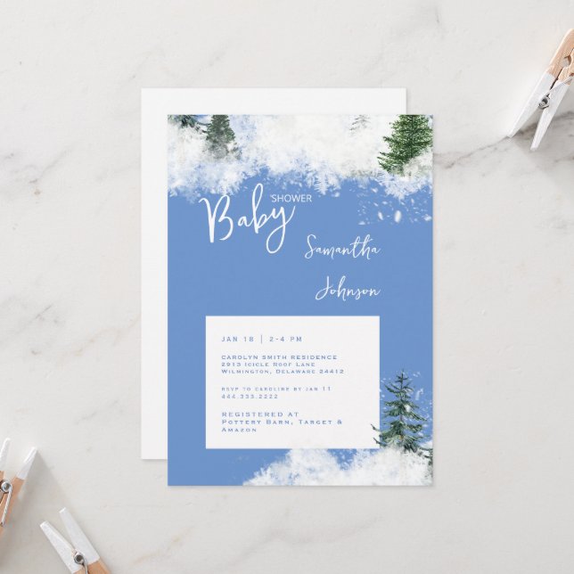 Invitation Bébé bleu c'est froid dehors Baby shower Invitatio (Devant/Arrière en situation)