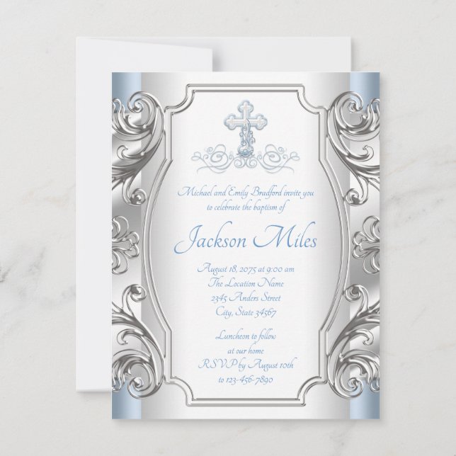 Invitation Bébé Bleu Croix Argent Baptême Christening (Dos)