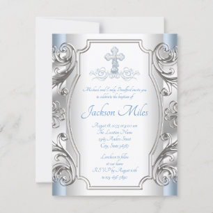Invitation Bébé Bleu Croix Argent Baptême Christening