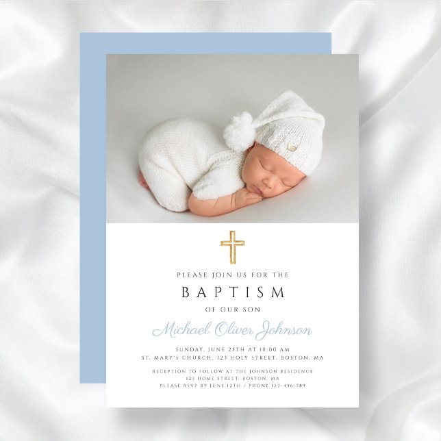 Invitation Bébé Bleu Croix Religieuse Boy Photo Baptême (Baby Blue Religious Cross Boy Photo Baptism Invitation)
