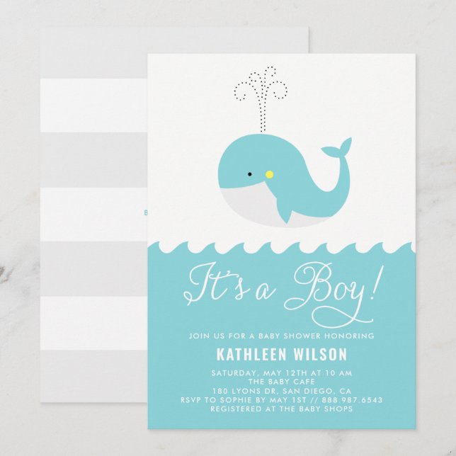 Invitation Bébé Bleu Cute Baleine C'est un Baby shower de gar (Devant / Derrière)