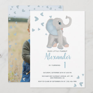 Invitation Bébé bleu et gris Eléphant 1er anniversaire Photo