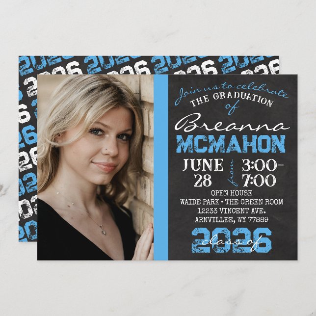 Invitation Bébé Bleu et noir Tableau noir - photo (Repeating Class Year 1 & 2 Photo Graduation Invitations & Announcements)