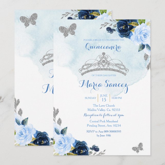 Invitation Bébé bleu et papillon de marine Charra 15e Anos 3 (Devant / Derrière)