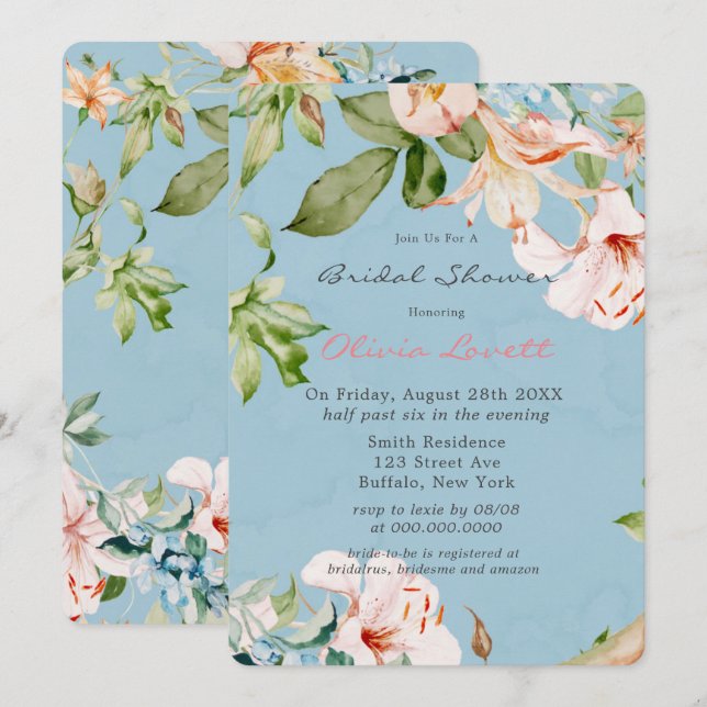 Invitation Bébé bleu et rose aquarelle Fête des mariées Lily (Devant / Derrière)