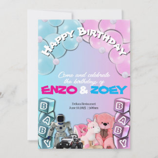 Invitation Bébé bleu et rose mignon Twin Anniversaire Invitat
