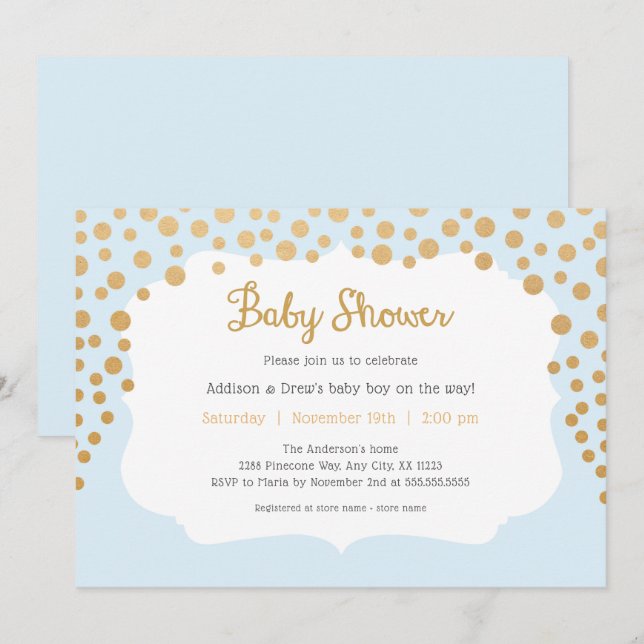 Invitation Bébé Bleu + faux baby shower de garçon (Devant / Derrière)
