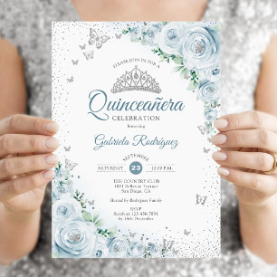 Invitation Bébé bleu Floral Aquarelle Rose Quinceanera