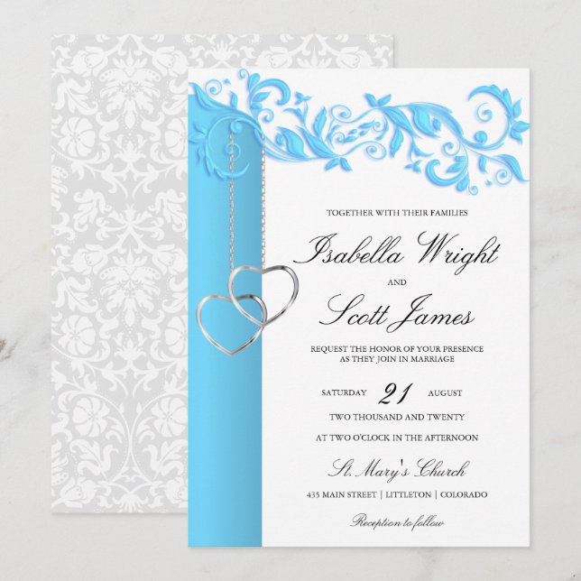 Invitation Bébé bleu floral bracelet et Mariage blanc (Devant / Derrière)