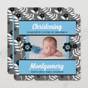 Invitation Bébé bleu floral Christening avec photo