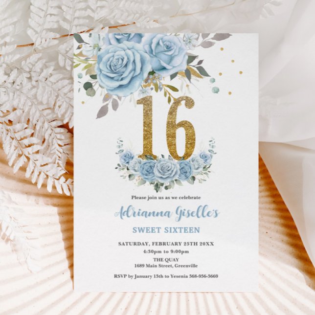 Invitation Bébé Bleu Floral Or Sweet 16 Seize Anniversaire (Créateur téléchargé)