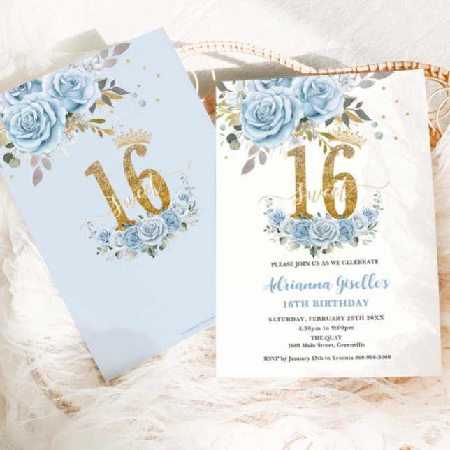 Invitation Bébé Bleu Floral Or Sweet 16 Seize Anniversaire (Créateur téléchargé)