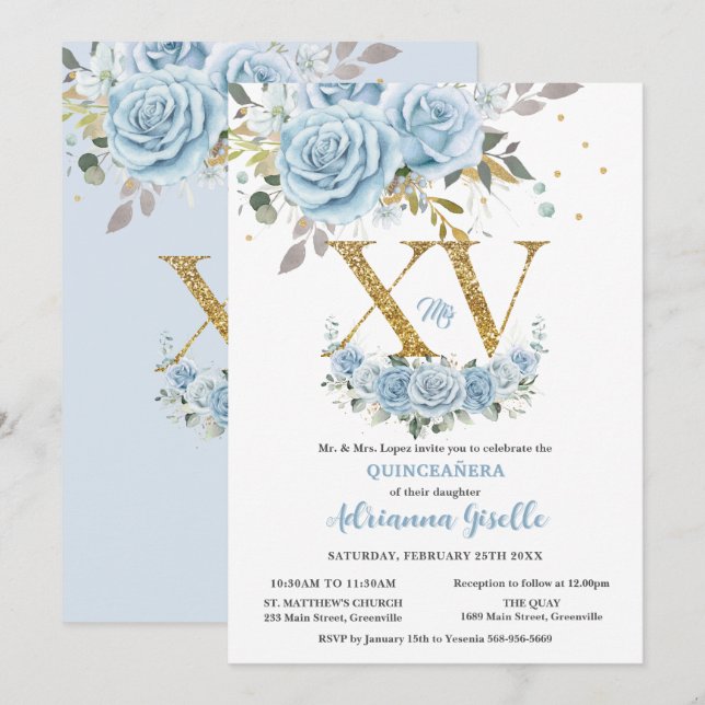 Invitation Bébé Bleu Floral Or XV Quinceañera Quince 15 (Devant / Derrière)