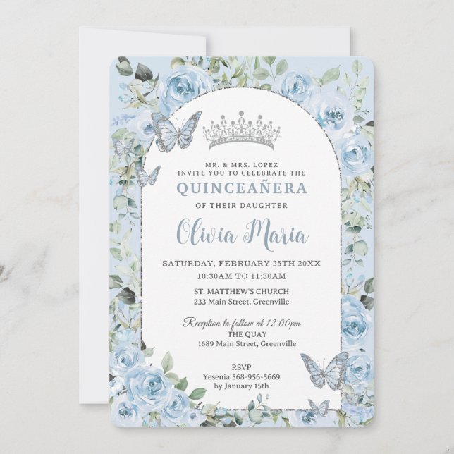 Invitation Bébé Bleu Floral Papillons Quinceañera Photo (Devant)