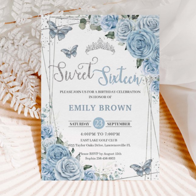 Invitation Bébé Bleu Floral Papillons Sweet sixteen 16e (baby blue floral sweet sixteen 16 birthday Cinderella butterflies silver geometric invitation cards)