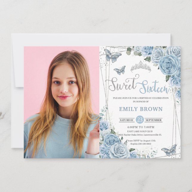 Invitation Bébé Bleu Floral Papillons Sweet sixteen 16ème En (Devant)