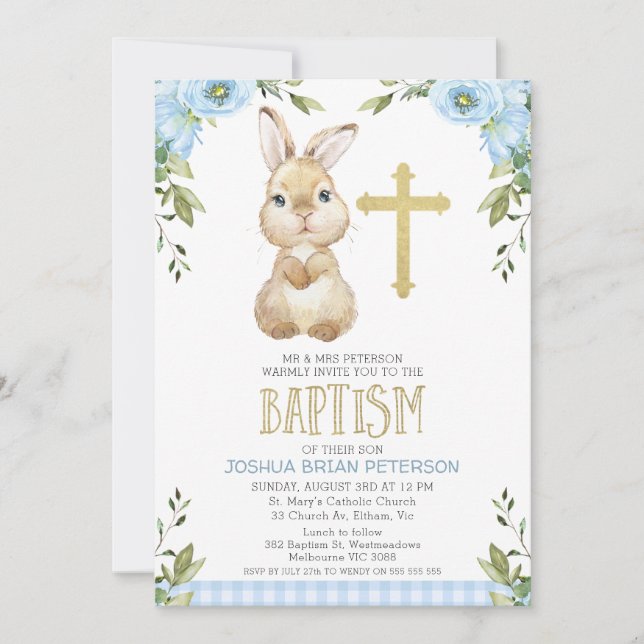 Invitation Bébé Bleu Floral Plaid Lapin Lapin Baptême (Devant)