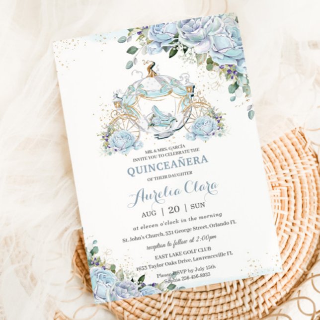 Invitation Bébé Bleu Floral Roses Princesse Coach Quinceanera (Créateur téléchargé)