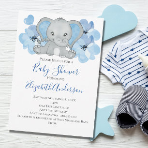 Invitation Bébé bleu garçon éléphant Baby shower fleurs ballo