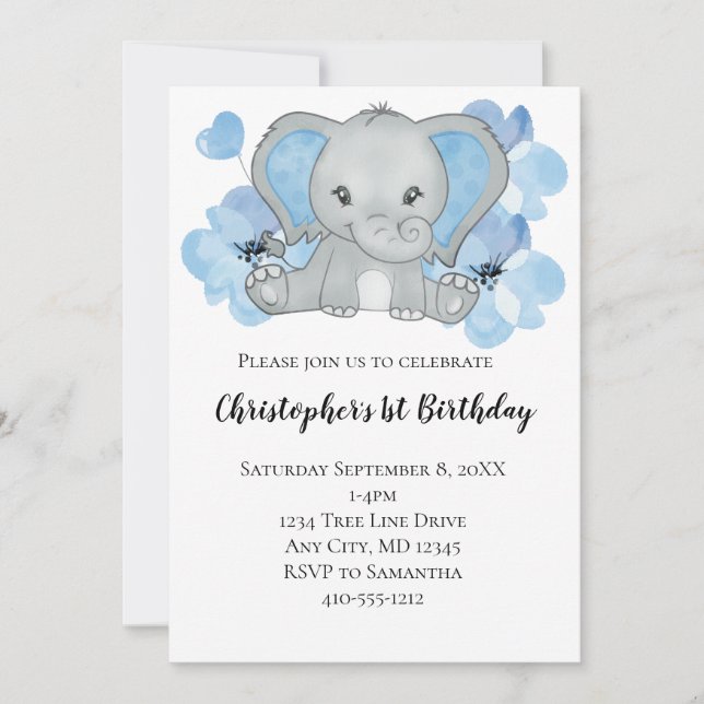 Invitation Bébé Bleu Garçon Fleurs d'éléphants Ballons Annive (Devant)