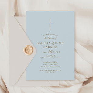 Invitation Bébé Bleu Garçon Simple Élégant Croix Or Baptême