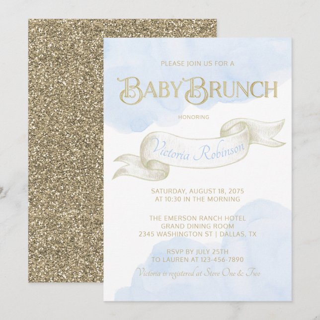 Invitation Bébé Bleu Gold Baby shower Brunch (Devant / Derrière)