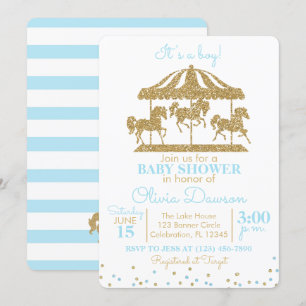 Invitation Bébé Bleu & Gold Carousel Baby shower garçon