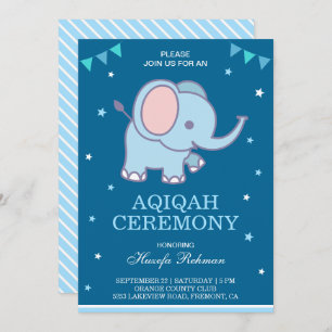Invitation Bébé bleu mignon éléphant garçon Aqiqah