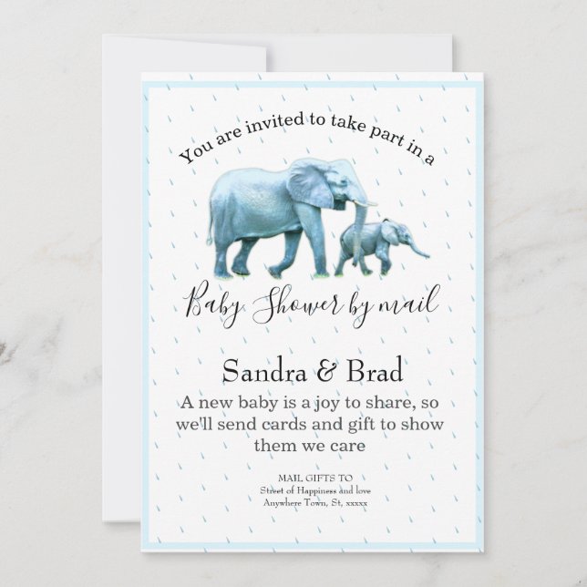 Invitation Bébé bleu mou Baby shower éléphants garçon (Devant)