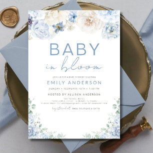 Invitation Bébé bleu mou garçon dans le Baby shower en fleur