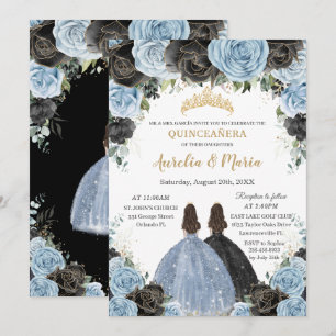 Invitation Bébé Bleu Noir Floral Twins Or Quinceañera XV