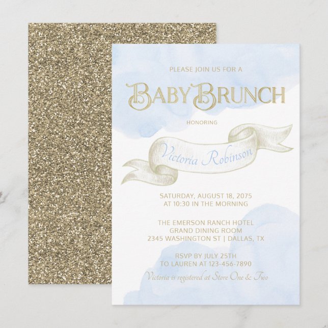 Invitation Bébé Bleu or Aquarelle garçon Baby shower Brunch (Devant / Derrière)