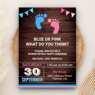 Invitation Bébé bleu ou rose Empreintes Sexe Reveval Party