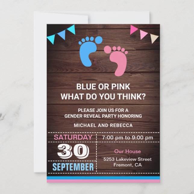 Invitation Bébé bleu ou rose Empreintes Sexe Reveval Party (Devant)