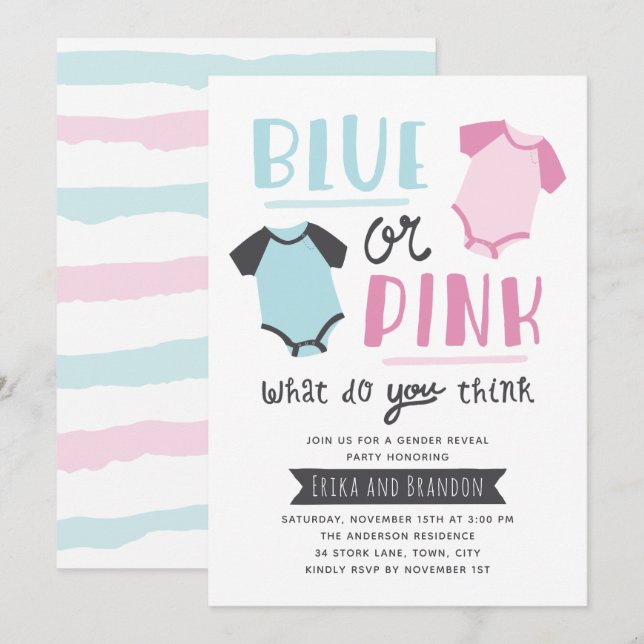 Invitation Bébé bleu ou rose Genre Révéler Fête Douche (Devant / Derrière)