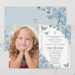 Invitation Bébé Bleu Papillons Floraux Baptême Baptême Baptêm