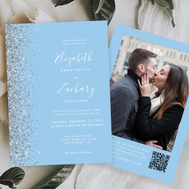 Invitation Bébé bleu Parties scintillant argent Photo QR Code (Créateur téléchargé)