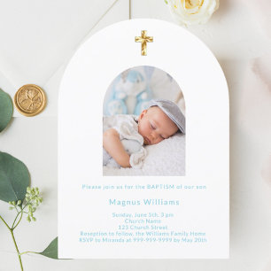 Invitation Bébé bleu photo arc garçon Baptême