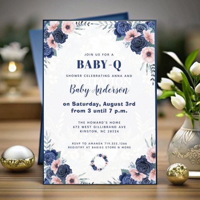 Invitation Bébé bleu-Q Rose floral Pastel Baby shower barbecu (Créateur téléchargé)