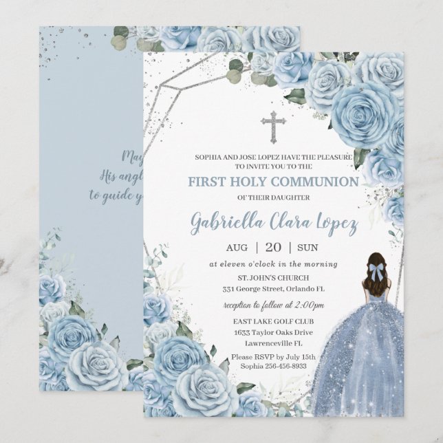 Invitation Bébé Bleu Rose Fleurs Fille Première Sainte Commun (Devant / Derrière)