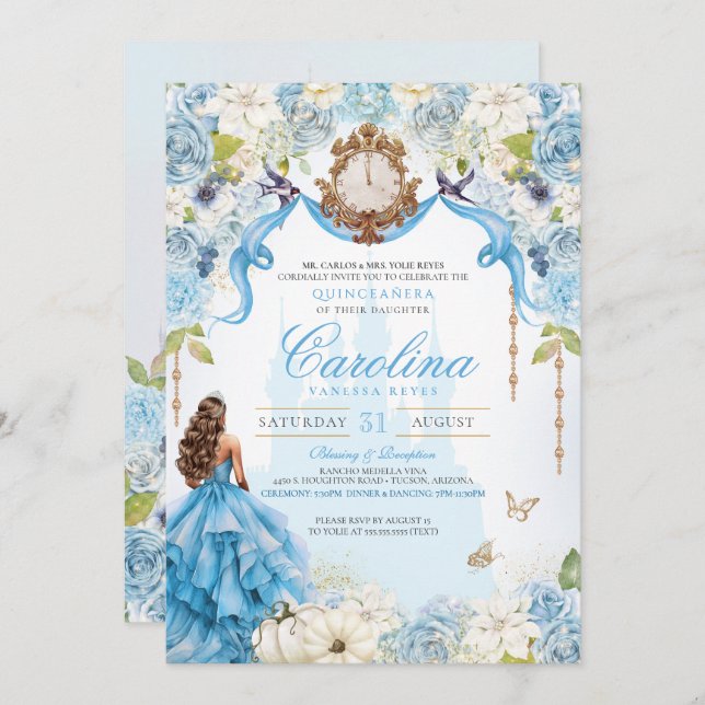Invitation Bébé Bleu Royal Princesse Cendrillon Quinceañera (Devant / Derrière)